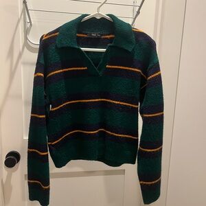 Mango Green and Navy Striped V-Neck Sweater